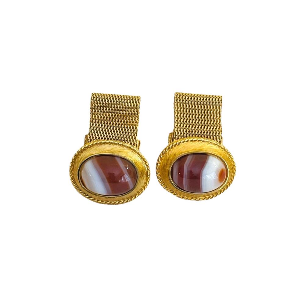 Cufflinks Vtg DANTE 70s Oval Banded Agate Cabochon Swag Mesh Gold Tone